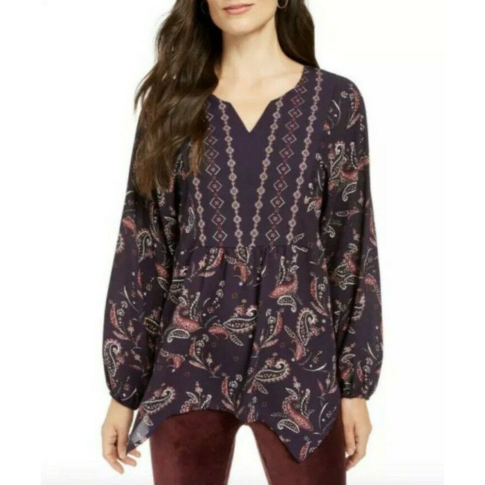 New Style & Co Womans 1X Plus Blouse Paisley Purple Embroidered Split Neck NWT